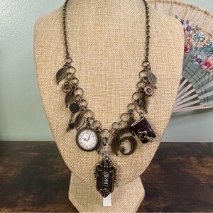 Steampunk Charm Necklace Clock Key Flower and Leaves Antiqued Brass Greek Pan